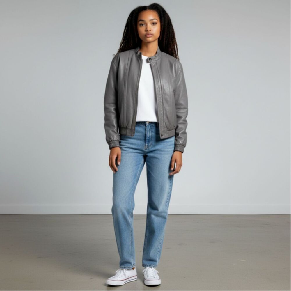 Vintage Roger Labonte Grey Leather Bomber Jacket - Size Large